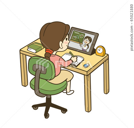 在平板電腦上在線課的女孩的插圖 在平板電腦上在線課的女孩的插圖 65021880