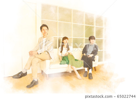 三個男人和女人坐在沙發上,同時以水彩風格盯著遠方 三個男人和女人坐在沙發上,同時以水彩風格盯著遠方 65022744