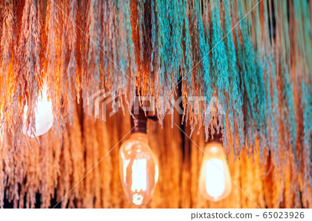 Green and gold color dried ear of rice with antique edison style light bulbs hanging to decorate in the coffee shop. Selective focus. Green and gold color dried ear of rice with antique edison style light bulbs hanging to decorate in the coffee shop. Selective focus. 65023926