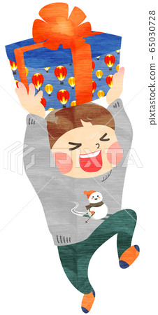 一個男孩在生日禮物冬天，手繪風格嬉戲 65030728
