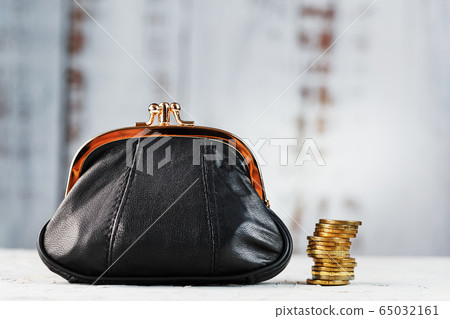Wallet with coins on a blue background. Budget for 65032161