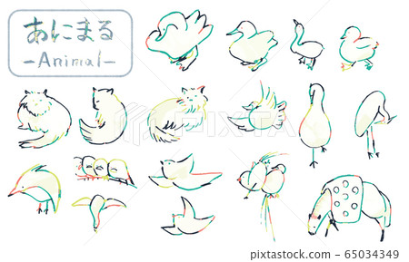 Hand drawn birds and cats, cute animal illustrations drawn by brush Hand drawn birds and cats, cute animal illustrations drawn by brush 65034349