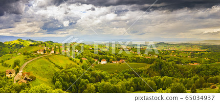 Aerial panorama of of green hills and vineyards 65034937