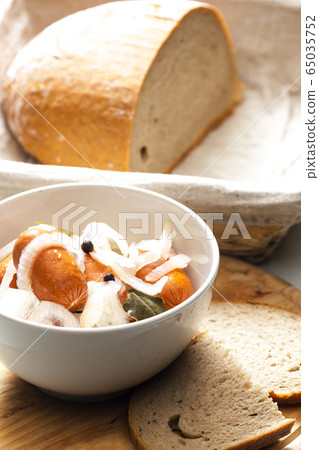 homemade pickled sausages with onion and bread homemade pickled sausages with onion and bread 65035752