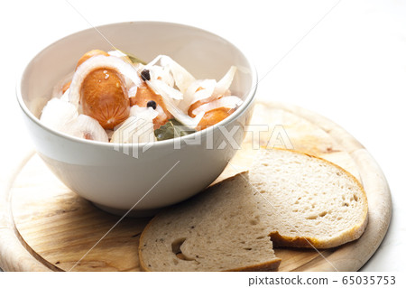 homemade pickled sausages with onion and bread homemade pickled sausages with onion and bread 65035753