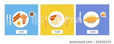Set of serving food and drink dinner, lunch and breakfast top view vector flat illustration Set of serving food and drink dinner, lunch and breakfast top view vector flat illustration 65036235