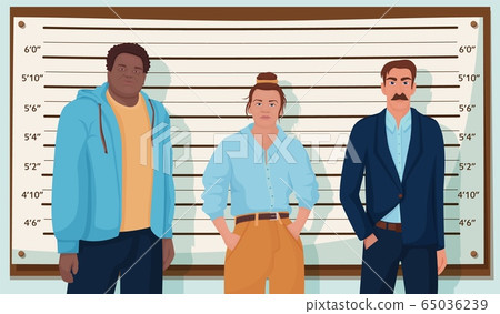 Group of cartoon criminal person standing at police lineup vector graphic illustration 65036239