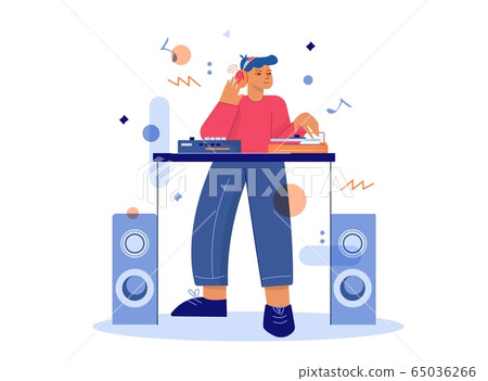 Cartoon male dj make music at turntable mixer vector flat illustration Cartoon male dj make music at turntable mixer vector flat illustration 65036266
