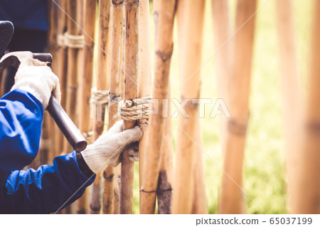 Carpenter with hammer hitting nails working bamboo fence traditional technique concept idea construction Asia 65037199