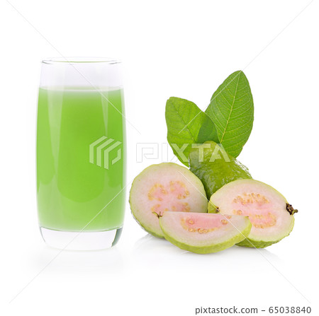 Guava juice and fresh Guava on white background. Guava juice and fresh Guava on white background. 65038840