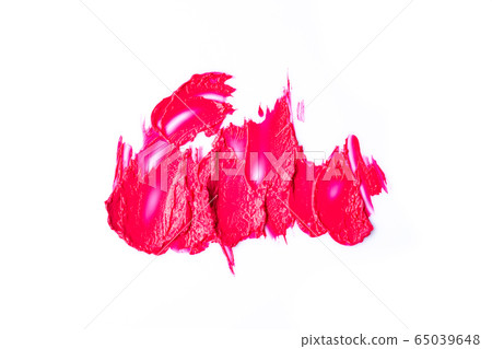 Red smear of matte lip gloss isolated on white background.Cream makeup texture. Bright red color cosmetic product brush stroke swipe sample. Red smear of matte lip gloss isolated on white background.Cream makeup texture. Bright red color cosmetic product brush stroke swipe sample. 65039648