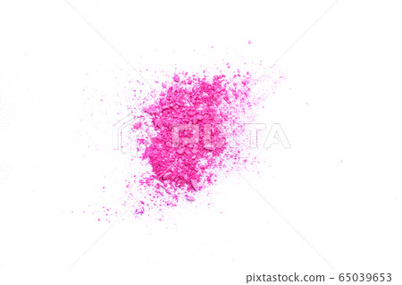 Pink crushed eye shadow isolated on white background. Splatter make up and cosmetic products. Pink crushed eye shadow isolated on white background. Splatter make up and cosmetic products. 65039653