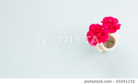 Pink spray carnation flowers in a vase on sky blue background. Floral composition, top view, copy space Pink spray carnation flowers in a vase on sky blue background. Floral composition, top view, copy space 65041238