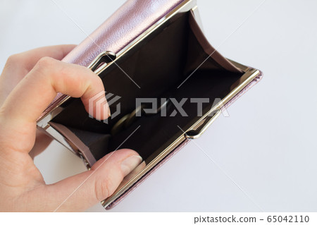 metalized pink pastel female wallet on a white background flat layout view reconciliation. Business, finance, money metalized pink pastel female wallet on a white background flat layout view reconciliation. Business, finance, money 65042110
