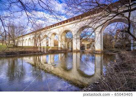 Reflection of the Rostokinsky aqueduct in Moscow 65043405
