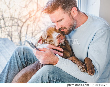 Handsome man and a charming puppy. Close-up Handsome man and a charming puppy. Close-up 65043676