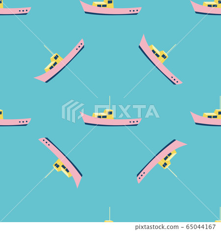 Cute sea pattern with pink fishing or sailing boat drawings. Colorful kid style. Marine illustration 65044167