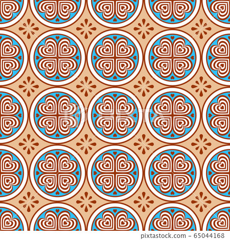 Abstract seamless pattern with geometric ornaments. Stock vector illustration. White, blue, and brown elements on a beige background. Ideas for design backgrounds, cards, printed, packaging, textile. Abstract seamless pattern with geometric ornaments. Stock vector illustration. White, blue, and brown elements on a beige background. Ideas for design backgrounds, cards, printed, packaging, textile. 65044168