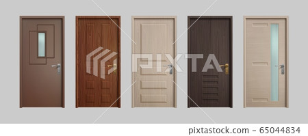 Realistic doors. 3D wooden home entry front doors, white and brown office inside entry. Vector set isolated on white background 65044834