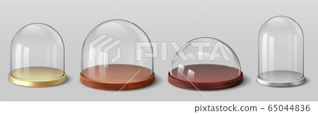 Realistic domes. 3D spherical and hemispherical glass cover for souvenirs, kitchen glassware utensils, exhibition display case. Vector set 65044836