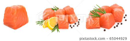 raw salmon piece cube with rosemary and peppercorn isolated on white background close up. Set or collection raw salmon piece cube with rosemary and peppercorn isolated on white background close up. Set or collection 65044929
