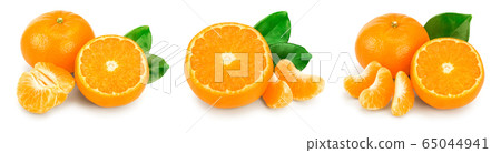 tangerine or mandarin fruit with leaves isolated on white background. Set or collection tangerine or mandarin fruit with leaves isolated on white background. Set or collection 65044941