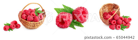 Ripe raspberries with leaf isolated on a white background, Set or collection Ripe raspberries with leaf isolated on a white background, Set or collection 65044942