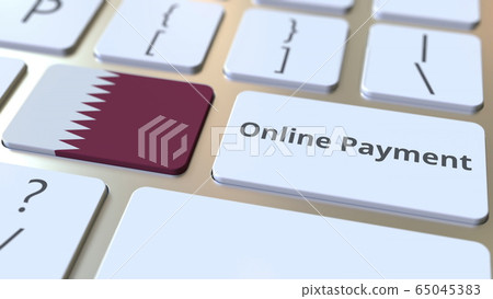 Online Payment text and flag of Qatar on the keyboard. Modern finance related conceptual 3D rendering 65045383