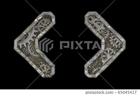 Mechanical alphabet made from rivet metal with gears on black background. Set of symbol left and right angle bracket. 3D Mechanical alphabet made from rivet metal with gears on black background. Set of symbol left and right angle bracket. 3D 65045417