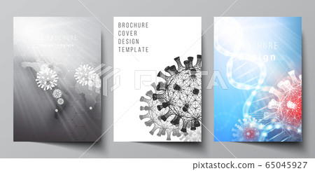 Vector layout of A4 cover mockups templates for brochure, flyer layout, booklet, cover design, book design. 3d medical background of corona virus. Covid 19, coronavirus infection. Virus concept. 65045927