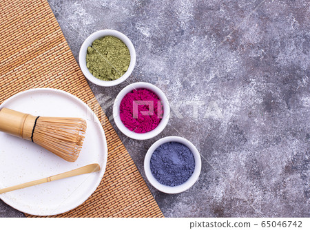 Green, blue and pink matcha powder Green, blue and pink matcha powder 65046742