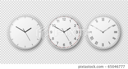 Vector 3d Realistic Simple Round Wall Office Clock Set. White Dial. Closeup Isolated on Transparent Background. Design Template, Mock-up for Branding, Advertise. Front or Top View Vector 3d Realistic Simple Round Wall Office Clock Set. White Dial. Closeup Isolated on Transparent Background. Design Template, Mock-up for Branding, Advertise. Front or Top View 65046777