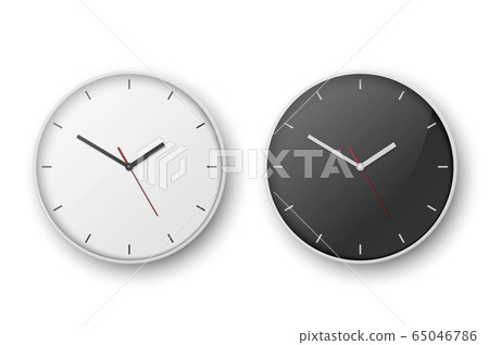 Vector 3d Realistic Simple White Round Wall Office Clock Set. White and Black Dial. Closeup Isolated on White Background. Design Template, Mock-up for Branding, Advertise. Front or Top View Vector 3d Realistic Simple White Round Wall Office Clock Set. White and Black Dial. Closeup Isolated on White Background. Design Template, Mock-up for Branding, Advertise. Front or Top View 65046786