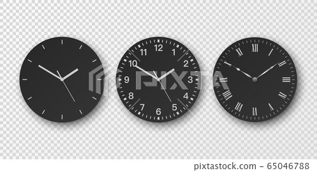 Vector 3d Realistic Simple Round Wall Office Clock Set. Black Dial. Closeup Isolated on Transparent Background. Design Template, Mock-up for Branding, Advertise. Front or Top View 65046788
