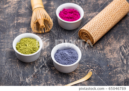 Green, blue and pink matcha powder Green, blue and pink matcha powder 65046789