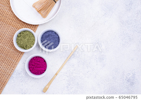 Green, blue and pink matcha powder Green, blue and pink matcha powder 65046795