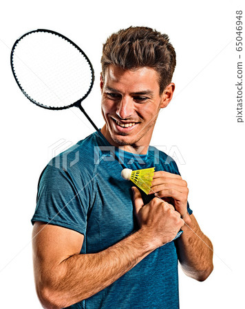 Badminton player young man isolated white background Badminton player young man isolated white background 65046948