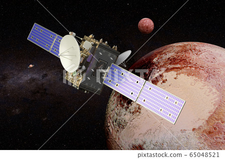 Space probe orbiting Pluto, 3D rendering Space probe orbiting Pluto, 3D rendering 65048521
