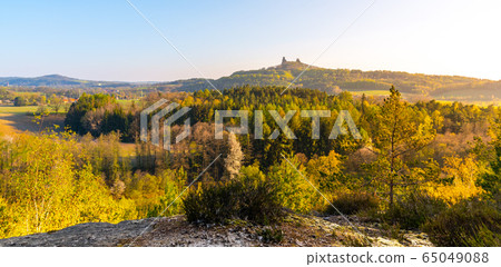Trosky castle ruins. Two towers of old medieval castle on the hill. Landscape of Bohemian Paradise, Czech: Cesky raj, Czech Republic 65049088
