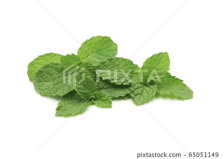Organic raw mint leaves or menthol on white Organic raw mint leaves or menthol on white 65051149