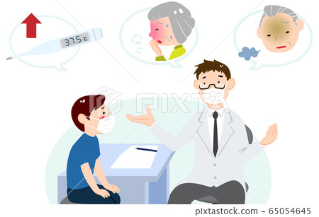 Illustration of a patient listening to a doctor's explanation in an examination room 65054645