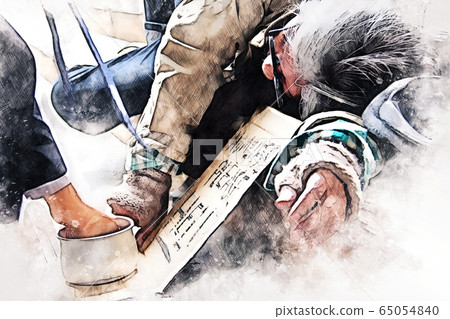 Abstract colorful business senior man homeless alone on watercolor illustration painting background. Abstract colorful business senior man homeless alone on watercolor illustration painting background. 65054840