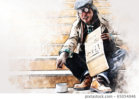 Abstract colorful business senior man homeless alone on watercolor illustration painting background. Abstract colorful business senior man homeless alone on watercolor illustration painting background. 65054846