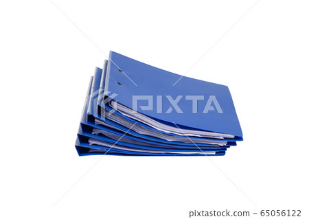 Blue file folder and Stack of business report paper file isolated with white background. Blue file folder and Stack of business report paper file isolated with white background. 65056122