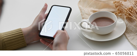 Close up view of female freelancer using mock-up Close up view of female freelancer using mock-up 65056811