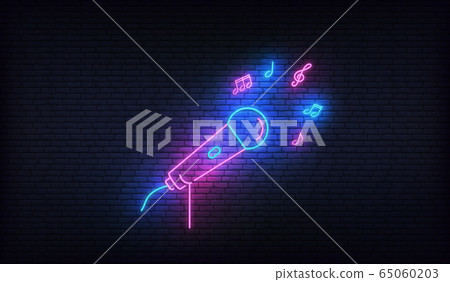 Neon microphone with music notes. Template for karaoke, live music, talent show 65060203
