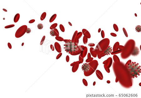 Coronavirus cells among red blood cells. 3D rendering. 65062606