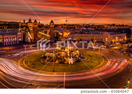 Placa d'Espanya, Plaza de Espana, square in Barcelona, Spain at sunset Placa d'Espanya, Plaza de Espana, square in Barcelona, Spain at sunset 65064047