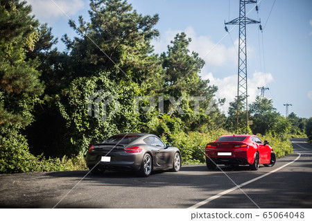 Red and silver racecars rushing in the forest Red and silver racecars rushing in the forest 65064048