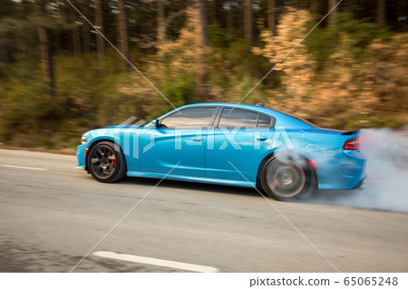 Light blue sport model car on the forest road Light blue sport model car on the forest road 65065248
